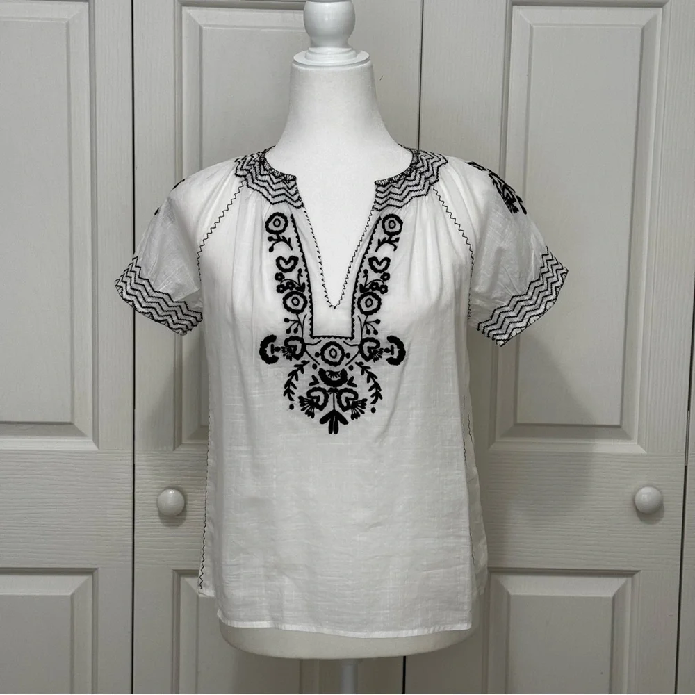 J.Crew White Cotton Gauze Black Embroidered V-Neck Puff Sleeve Top 0